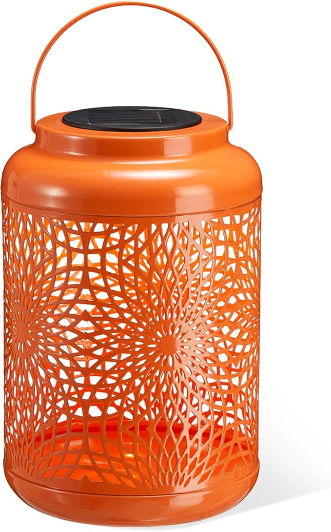 Glitzhome Solar Lantern Orange Metal Cutout Scrollwork Outdoor Hanging Solar Light with Handle for Garden Patio Yard Outdoor Decor