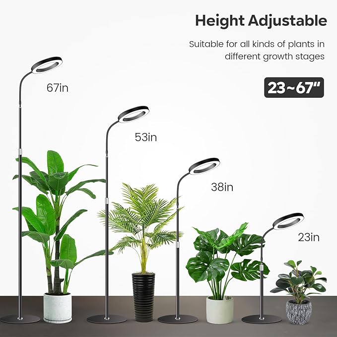 Garpsen Grow Lights for Indoor Plants, Full Spectrum LED Plant Light with Stand, 3 Color Modes Floor Grow Lamp with Timer 6/12/16H, 5 Dimmable Levels, 67'' Adjustable Height for Large Plants