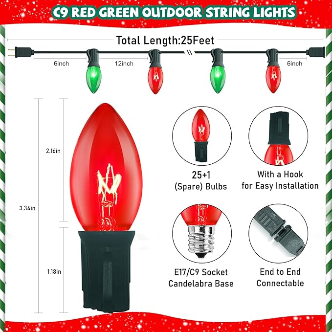 25FT Red and Green Christmas Lights,C9 Incandescent Christmas Lights with 26 Bulbs(1 Spare),Hanging Outdoor Christmas Lights for Home Garden Yard Xmas Tree House Decorations