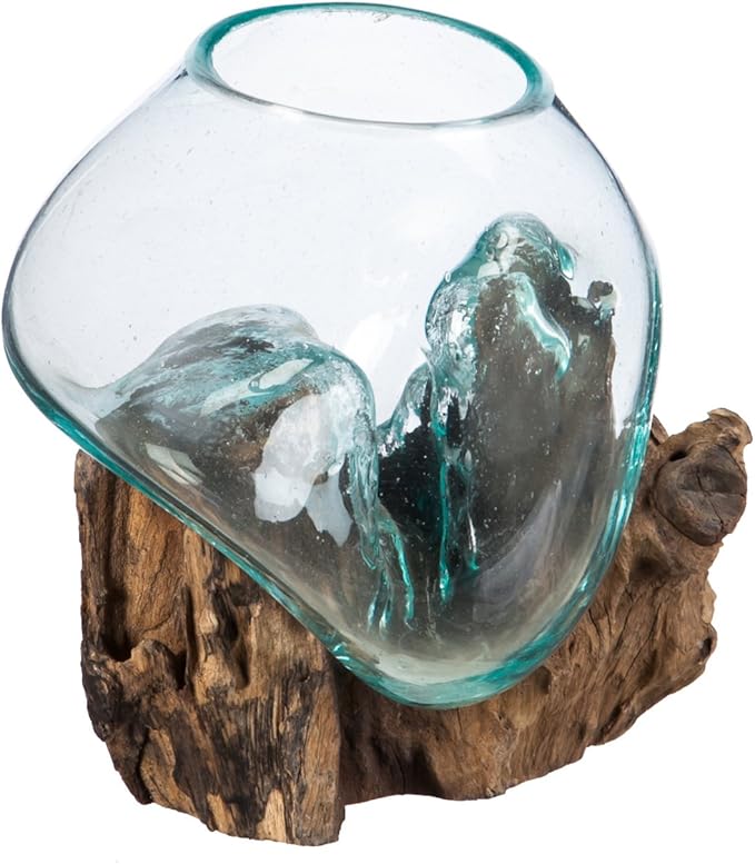 Cape Craftsmen 7" H Hand-Blown Blue Tinted Bubble Glass On Natural Teak Driftwood Terrarium | Home Décor Indoor Planter with Stand | Pot for Succulent and Plants