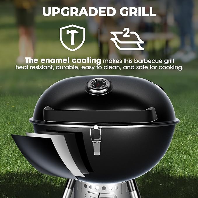 Premium 22 Inch Charcoal Grills with 2 Foldable Tables, BBQ Grill with Cover, Outdoor Barbecue Grill with Ash Catcher, Portable Charcoal Kettle Grills with Wheels for Camping Party Backyard