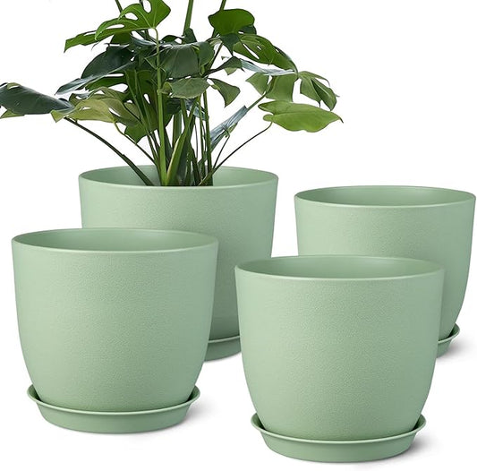 Plant Pots 8 Inch Set of 4, Flower Pots with Multi Mesh Drainage Holes, Planters for Indoor Outdoor Garden Plants and Flowers（Green）