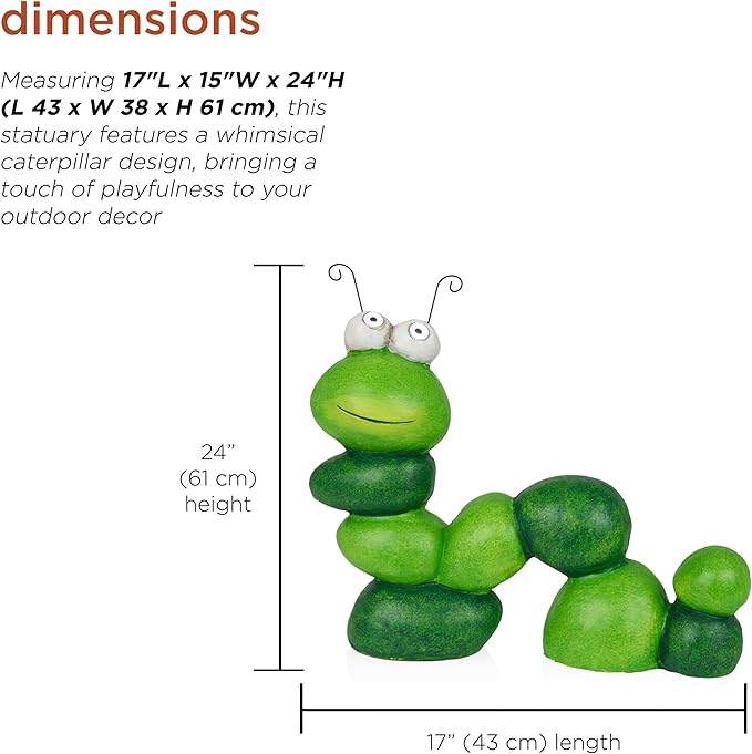 Alpine Corporation YEN608SLR Caterpillar Statue with Light Up Eyes, Solar Powered LED Caterpillar Garden Statue, 16" H, Green