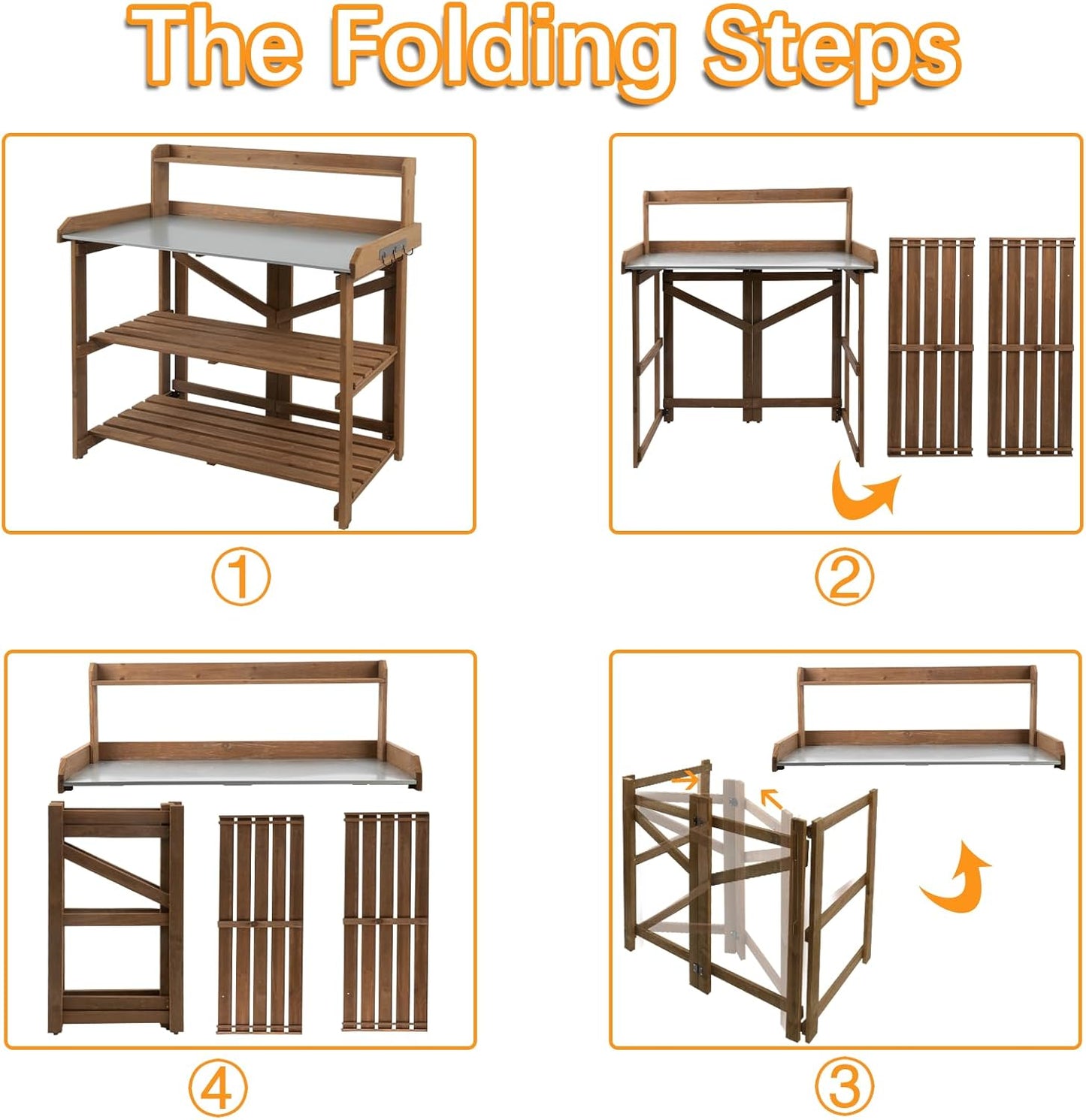 Folding Potting Bench Table,Outdoor Potting Bench Garden Wooden Potting Table,Fir Wood Workstation Planting Table with Galvanized Tabletop,2 Tier Storage Shelves,Top Shelf(Brown)