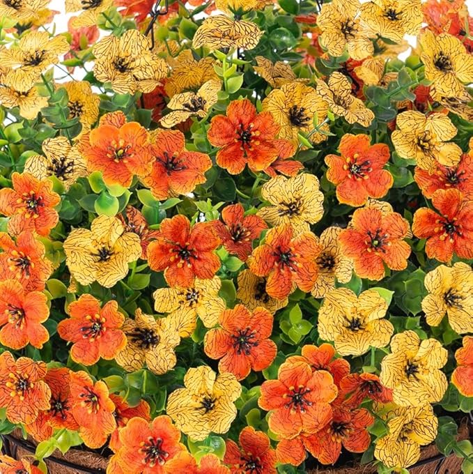 Artificial Fake Hanging Mums Plants Flowers Basket for Fall Autumn Outdoor Decor, Faux Silk Orange Dasiy Flower Look Real UV Resistant for Outside Porch Home Patio Garden Decoration