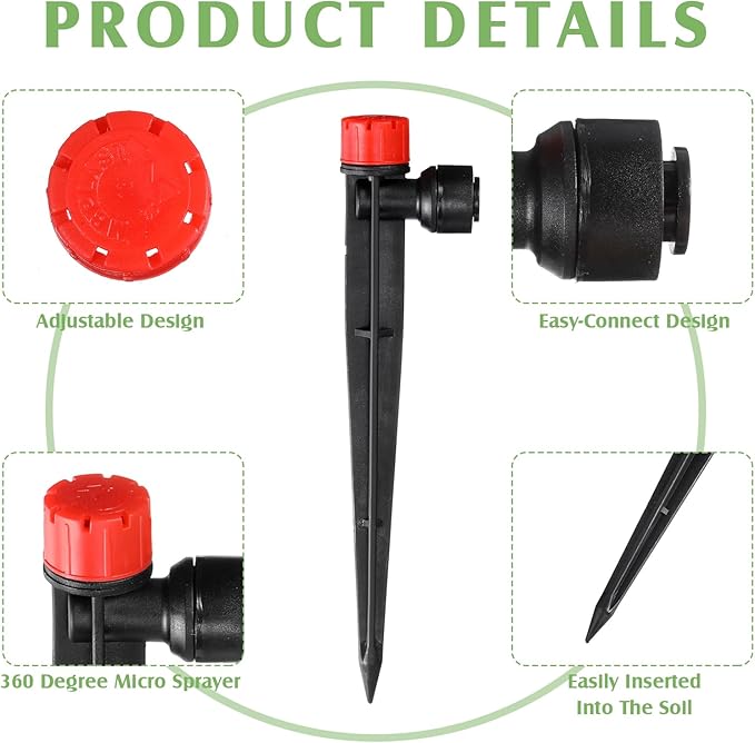 100 Pcs Drip Irrigation Emitters for 1/4'' Irrigation Tubing Adjustable Water Flow Drip Emitters with Stake Drip Irrigation System Irrigation Drippers with 360 Degree Sprayer for Garden Patio