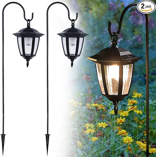Dynaming 2 Pack Solar Hanging Lights Outdoor, Solar Powered Garden Decorative Lanterns with 2 x 38 Inch Shepherd Hooks, Waterproof Landscape Lighting for Lawn Patio Yard Pathway Driveway, Warm White