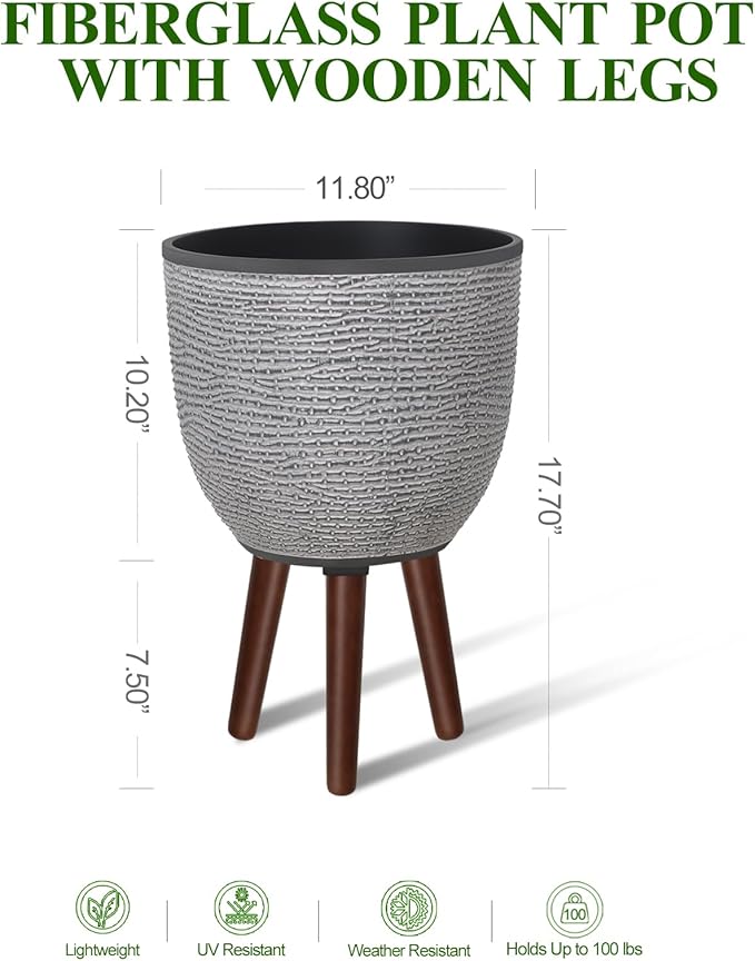 12 Inches Plant Pot with Stand, Large Decorative Standing Planters with Drainage Holes for Indoor Plants, Modern Gray Flower Pots with Legs