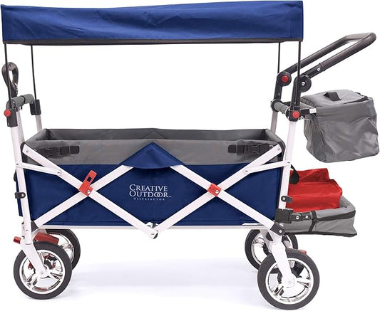 Creative Outdoor Wagon for Kids Push Pull Collapsible Stroller Folding Cart | Silver Series | Beach Park Garden & Tailgate | Navy Blue