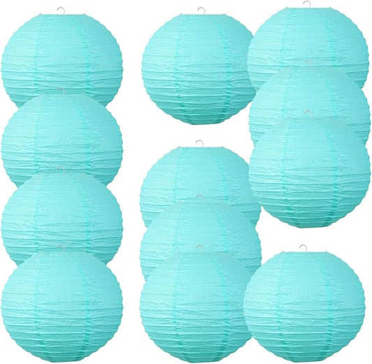 Chinese Style Paper Lanterns, Set of 12, Suitable for Party Decoration (Light Blue, 14in)