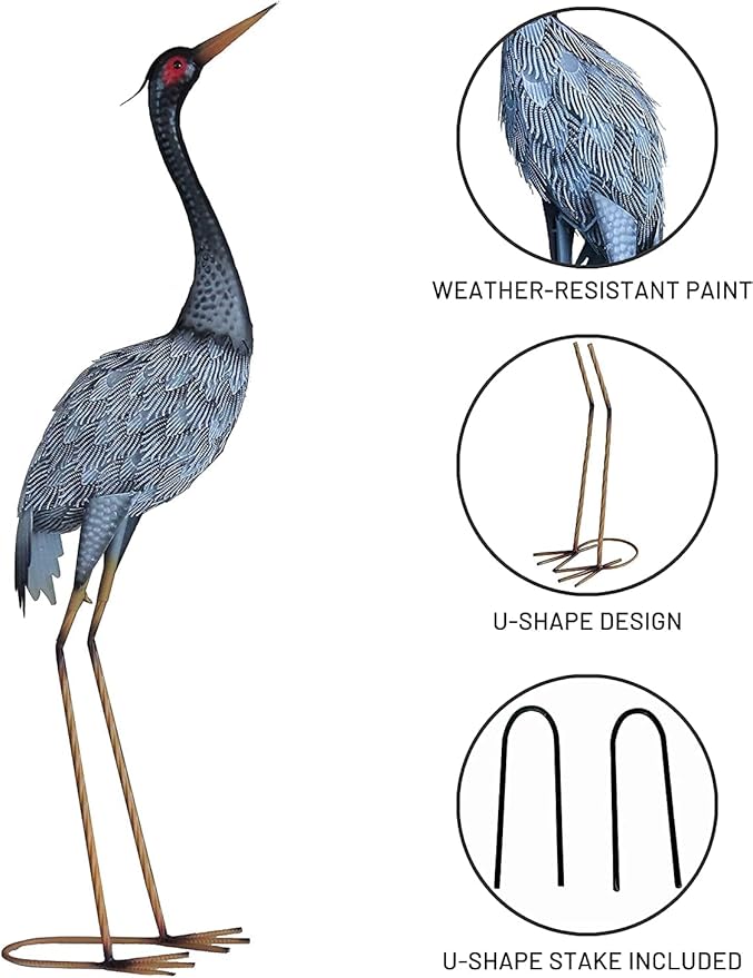 Crane Statue Garden Décor, Metal Heron Statue Yard Art for Outdoor Patio Lawn Backyard Pool Front Porch Deocr, Bird Garden Sculpture & Statues, Set of 2, Black and White