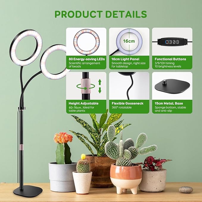 Dual Heads Grow Lights for Indoor Plant Full Spectrum, Desk Halo Plant Lights for Indoor Growing with 3/9/12 Timer, 5 Dimmable Levels,Height Adjustable 9.4-23.6",Strong Metal Base Happy Light