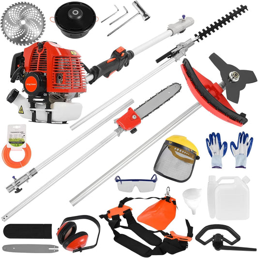 Weed Eater Gas Powered 52cc - 2 Cycle, 5 in 1 Grass Trimmer, Gas Hedge Trimmer, String Trimmer, Brush Cutter, Pole Saw with Extension Pole, Multi Functionallandscaping Tools & Equipmen Red
