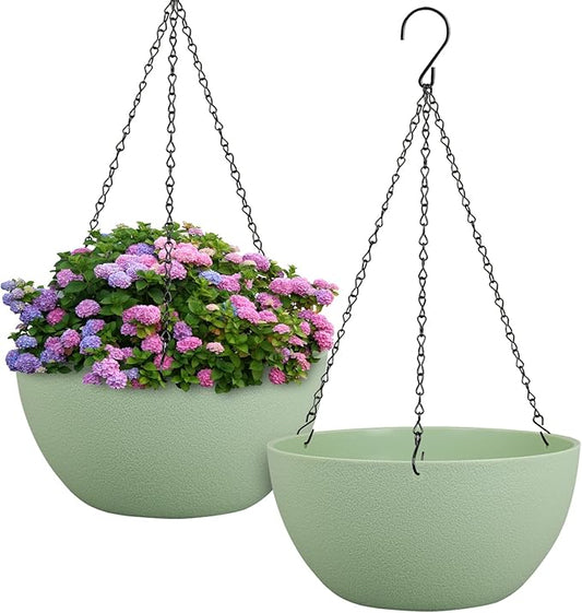 12 inch Large Hanging Planters Plant Pots for Indoor Outdoor Plants, 2 Pack Hanging Flower Pots with Drainage Holes and Chain for Garden Porch, Plastic Hanging Baskets for House Plants, Green
