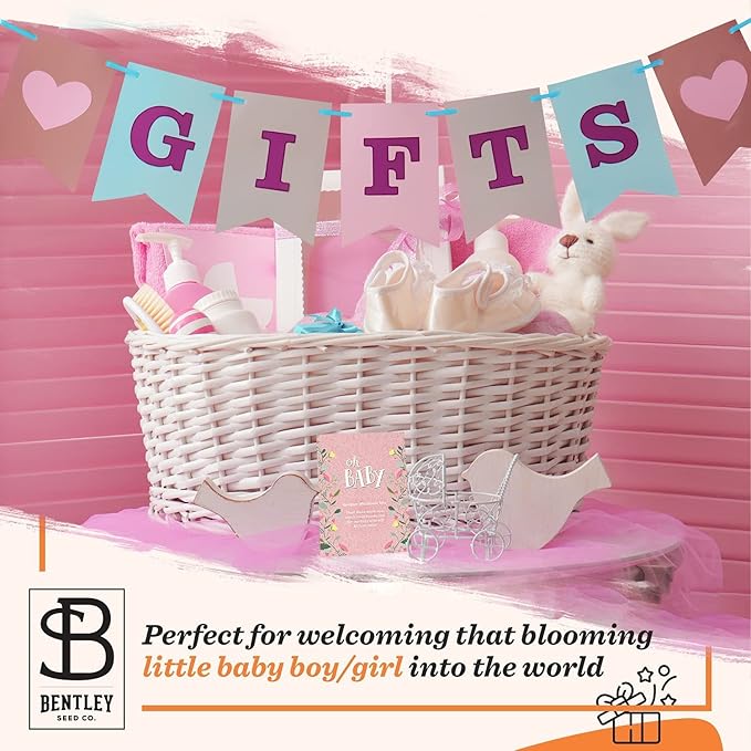 BENTLEY SEED CO. Oh Baby Flower Seeds Packets - Girl/Boy Baby Shower Favors - Pre-Filled, 25 Wildflower Seed Packs for Favor - Eco-Friendly Gift & Babys Guest Giveaways - Non-GMO Seeds - Pink Envelop