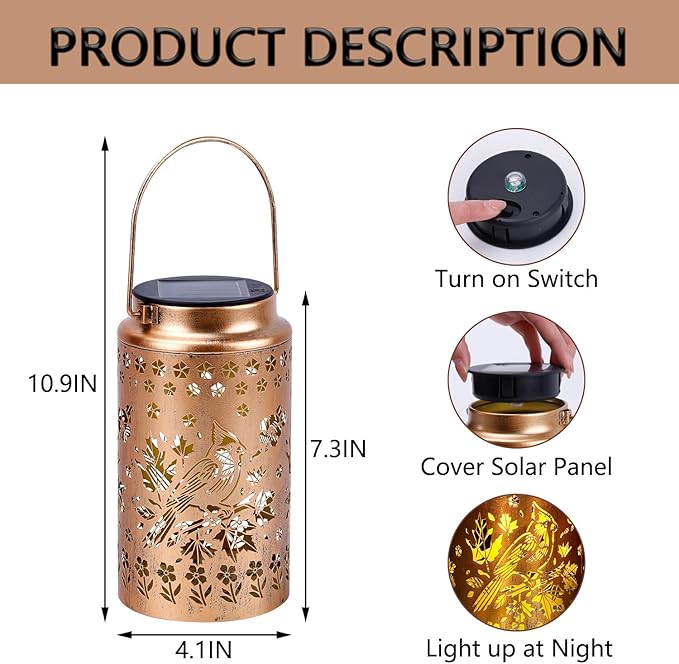 Cardinal Solar Lanterns Outdoor Waterproof, Metal Hanging Lights Decorations for Garden Yard Lawn Patio, Unique Cardinal Gifts for Women Mom Grandma Gardener for Mother'Day Christmas