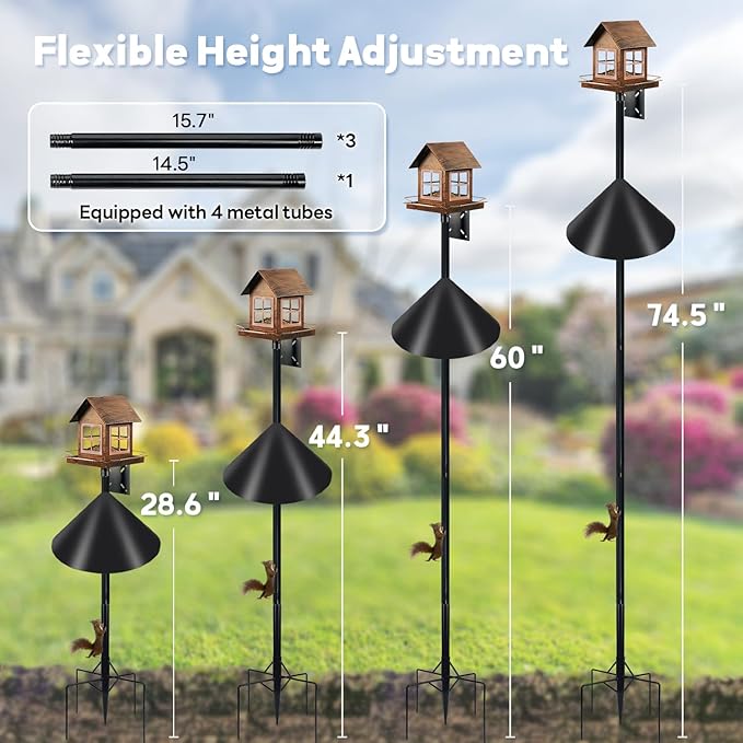 Bird Feeder Pole for Outdoors, 74.5 Inch Tall with 1-Inch Heavy Duty Steel Tube, 18 Inch Squirrel Baffle, 5-Prong Base, Adjustable Feeding Station for Bird feeders for Outdoors birdbath