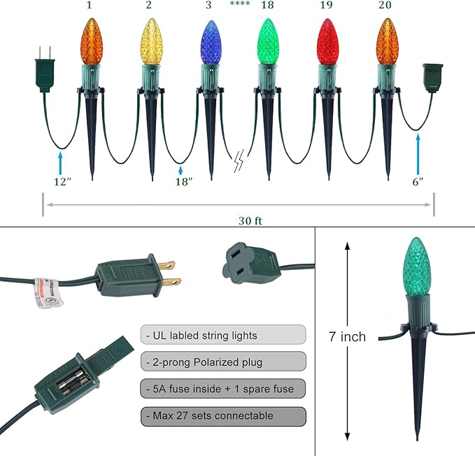 C9 Christmas Pathway Lights with Stakes,Multicolor,30 Ft 30 Strawberry LED Bulbs and Stakes,Connectable Shatterproof Outdoor Lights Marker for Xmas Yard Garden Path Lawn Walkway Sidewalk