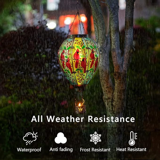 DREAMSOUL Cardinal Large Solar Hot Air Balloon Lantern with Flame, Glass Hanging Solar Lanterns Outdoor Waterproof for Garden Yard Patio Decor