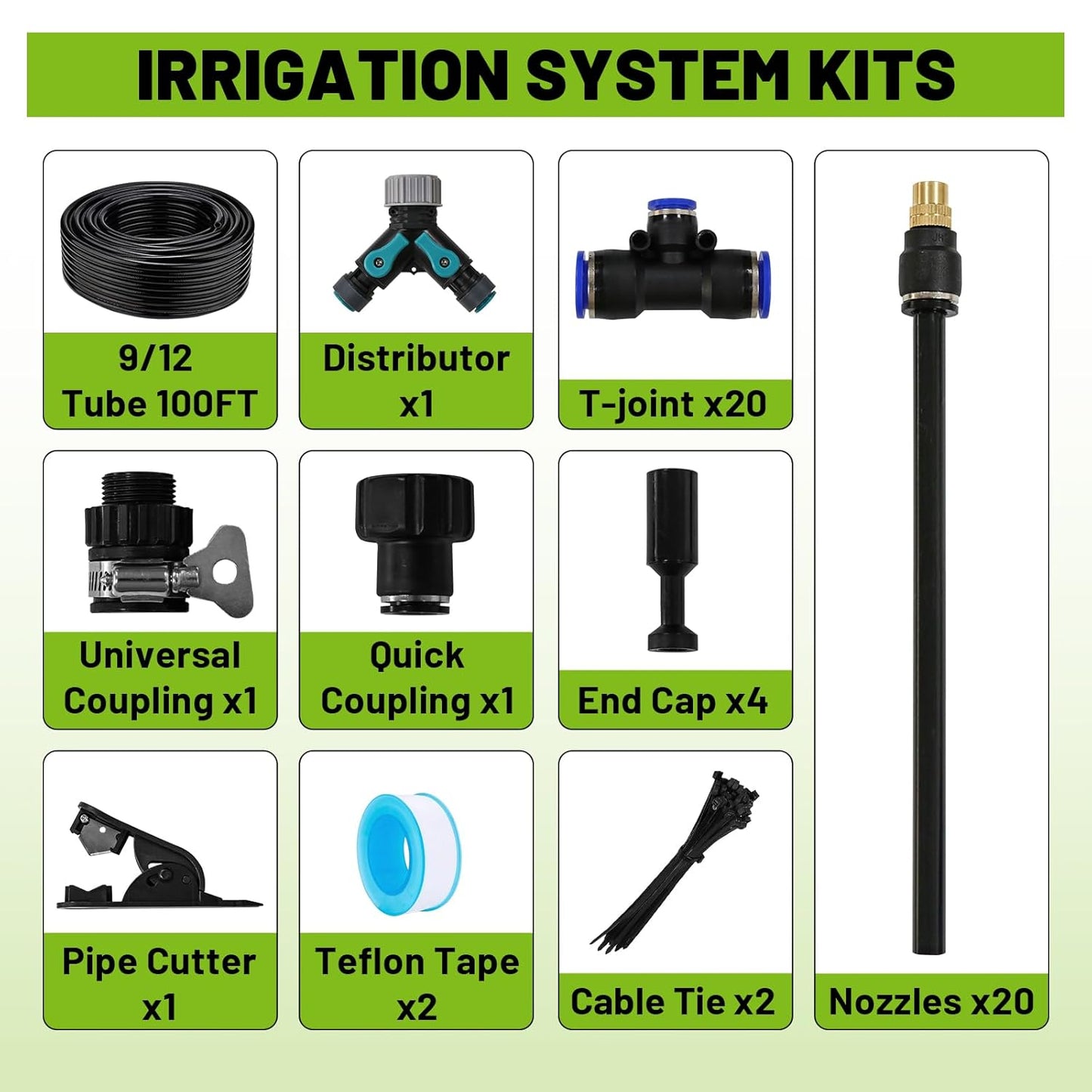 Drip Irrigation Kit - 100 FT. Hose Sprinkler System with 360° nozzles and T-connectors for Gardens, lawns, Plants, Flower beds, Trees, patios and hydroponics (Closeable nozzle-20)