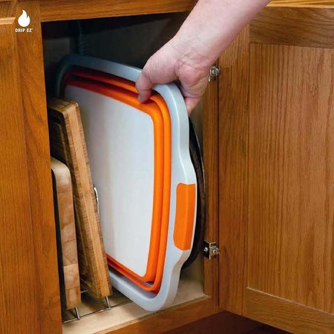 Drip EZ Collapsible BBQ Prep Tubs 3-Piece Set- For Meal Prep Marinating Food Storage - Includes Cutting Board & Lid - (1) JR - Orange + (1) OG - Orange + (1) XL - Black