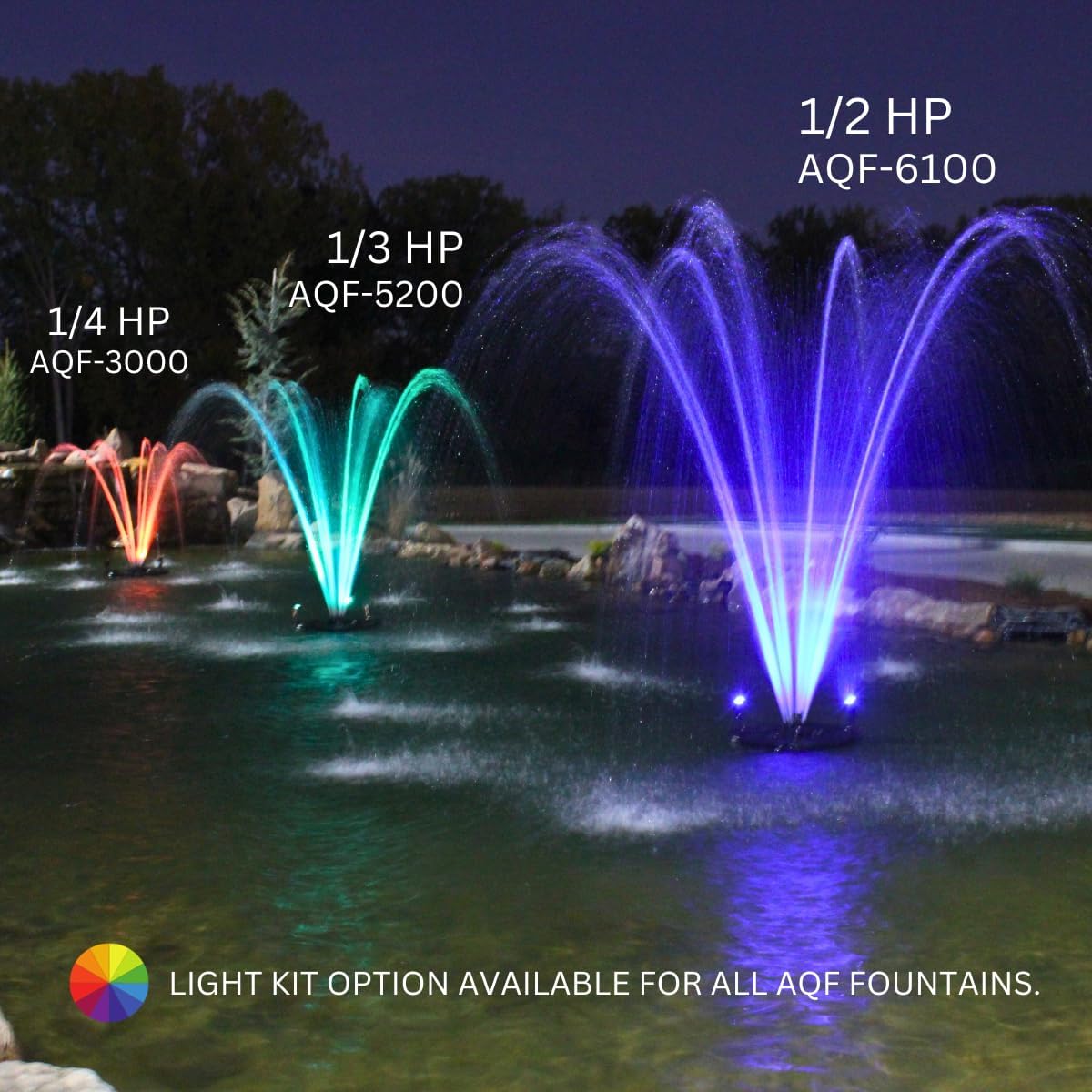 HALF OFF PONDS Floating Fountain – 1/2 HP Pond Aerator, 100' Cord – 6,100 GPH Water Pump – 9 Spray Patterns - White LED Lights - for Ponds & Water Gardens