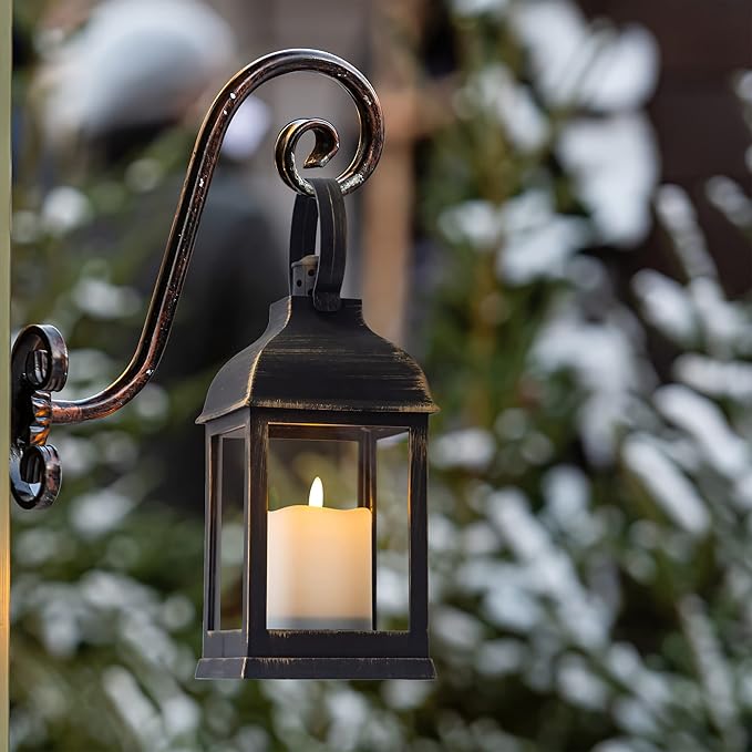 Vintage Lantern Decorative LED Flickering Flameless Candle with Timer, Battery Powered LED Decorative Hanging Golden Brushed Black Lanterns for Indoor Outdoor Garden Yard Home Decor(1 Pack)
