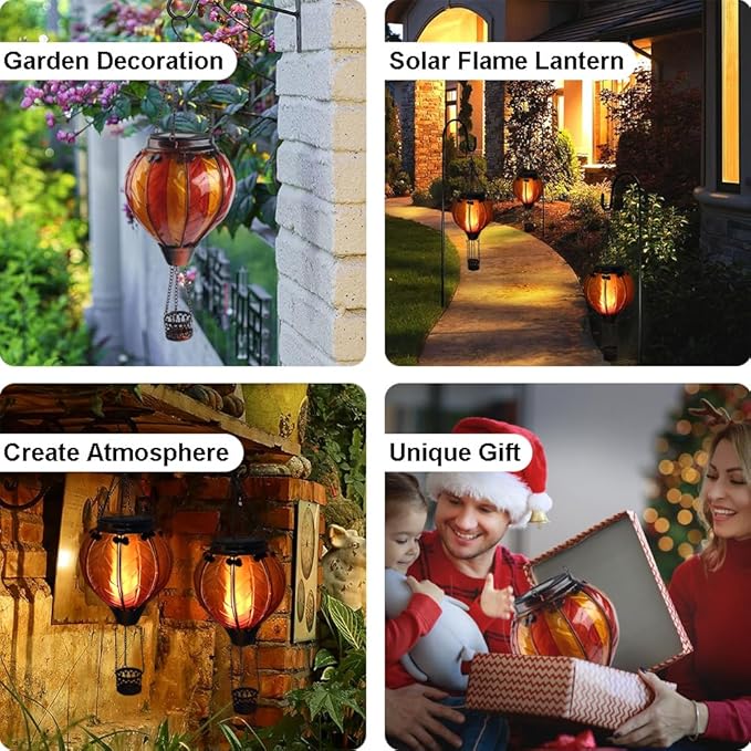 Hot Air Balloon Solar Lantern with Flickering Flame Hanging Solar Lanterns Outdoor Lights Waterproof Lanterns Decorative Garden Patio Yard Party Decor Orange and Red
