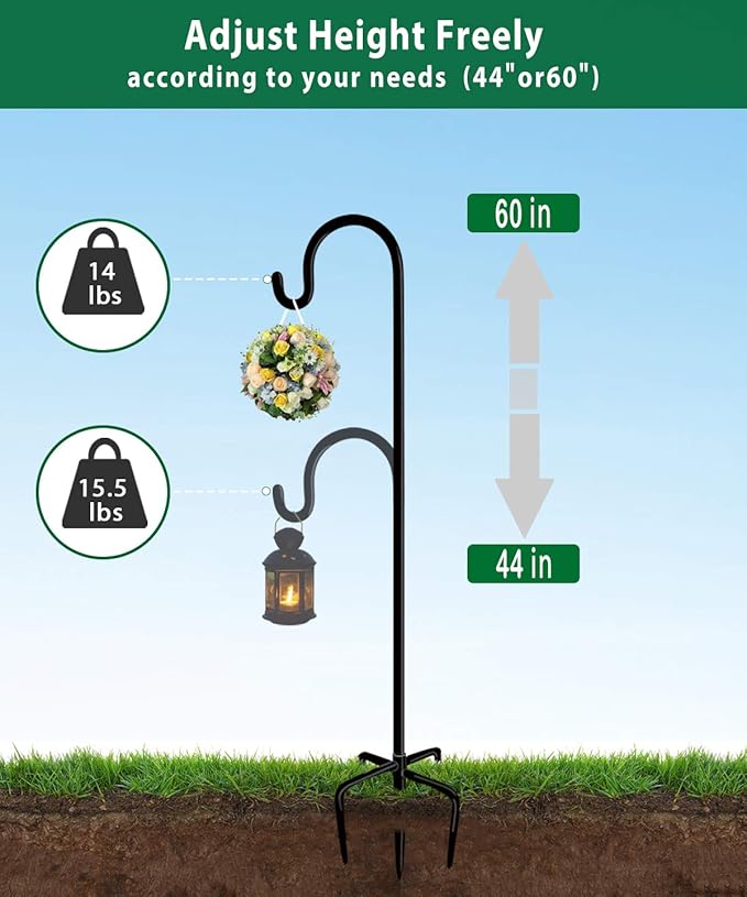 Artibear Adjustable Outdoor Shepherd Hook Stand with 5 Prong Base, 60 Inches Tall 3/5 in Thick, Shiny Black (2 Packs)