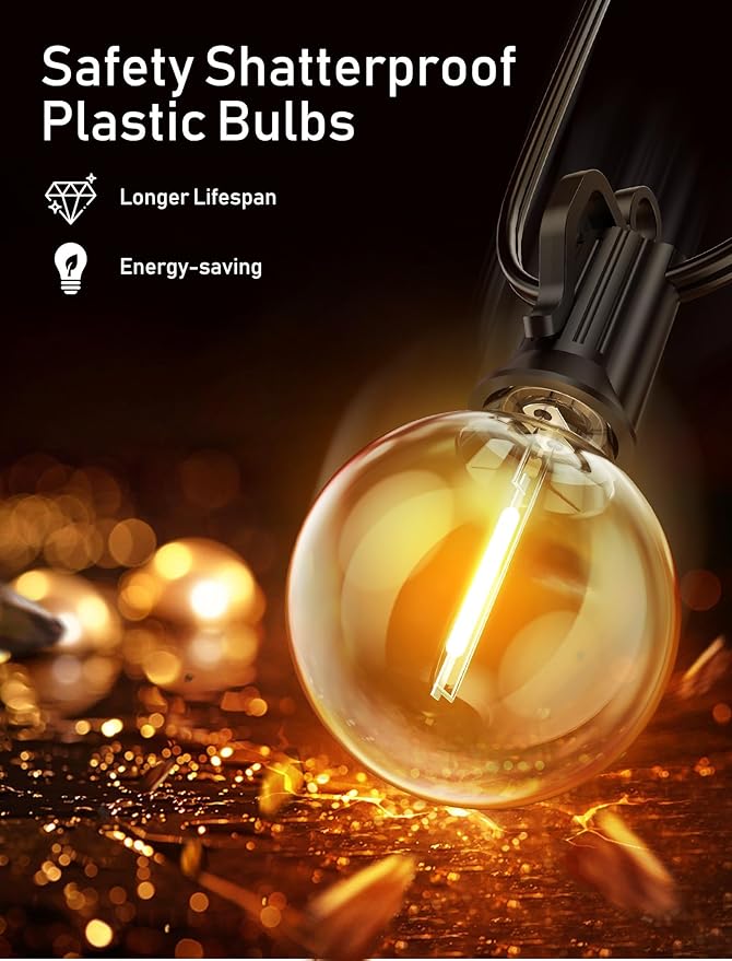 Outdoor String Lights – 50ft Connectable Patio Lights with 52 G40 LED Plastic Bulbs (2 Spare) Outside Vintage Hanging Lights for Backyard Bistro Balcony Porch Party Wedding, E12, 2200K, Black