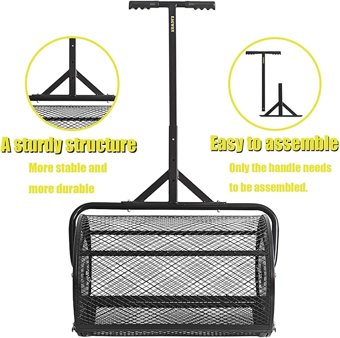 Compost Spreader, 24" Peat Moss Spreader, Roller Lawn Spreader with 3 Heights T Shaped Handle, Side Latches Powder Coated Steel Mesh Basket, Lawn & Garden Spreader for Spreading Manure Topsoil Black