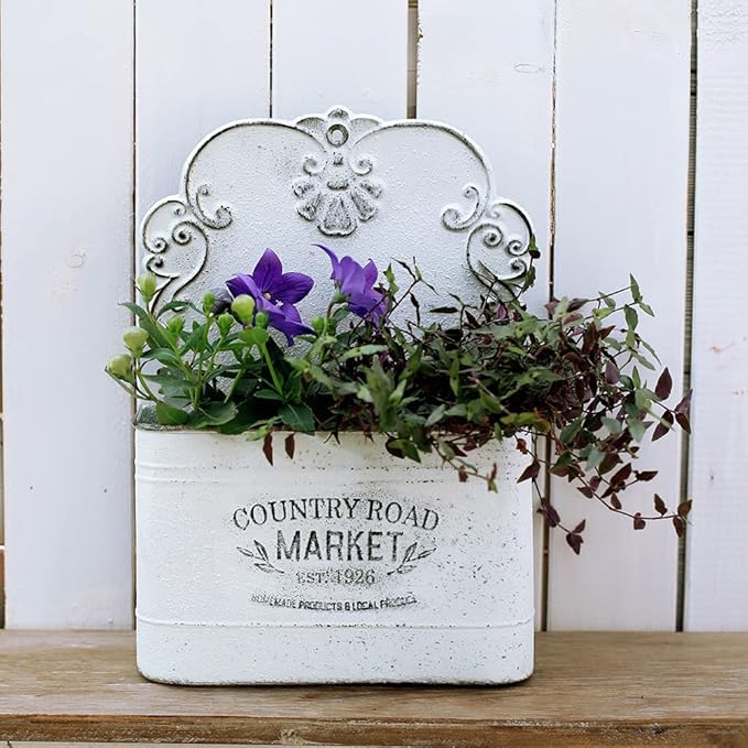 All Chic Metal Wall Planter Wall Mount Planter Wall Vases for Flowers Shabby Chic Wall Decor for Rustic Farmhouse Wall Outdoor Decor (White)…