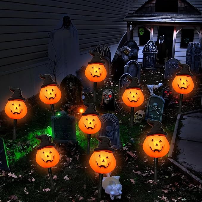 Halloween Decorations Wizard Hat Pumpkin Outdoor String Lights, 4 Pack Halloween Pumpkin Hat Pathway Marker Stake Lights with 4 C7 LED Bulbs for Outdoor Halloween Party Garden Garden Lawn Walkway