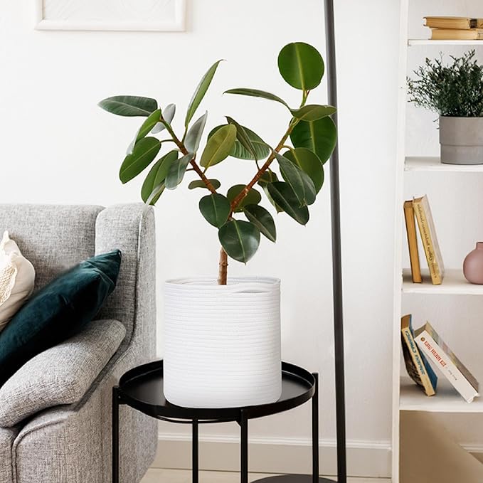 Cotton Rope Plant Basket, Woven Basket Planter for 10 inch Pot, Round Indoor Tree Pot Cover, Small Storage Bin Organizer, Basket for Plants and Home Decor, 11”X11”, White