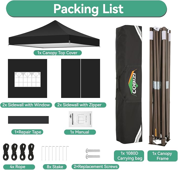 COBIZI 10x10 Pop Up Canopy Tent Heavy Duty with 4 Sidewall, Commercial Outdoor Easy Pop Up Gazebo for Party Wedding All Weather Waterproof UV 50+ with Carry Bag(Leg Upgraded),Black