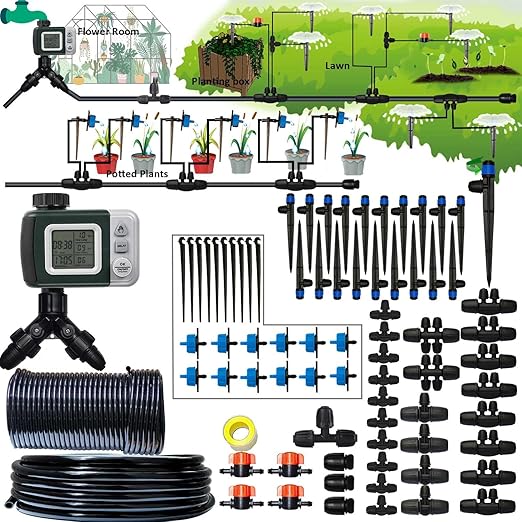 162ft Drip Irrigation Kit 5/16“ID Main Hose and 1/4 Inch Pipe Drip Irrigation System with Water Timer Auto Watering System for Garden Adjustable Spray, for Greenhouse, Garden, Lawn, Potted Plants