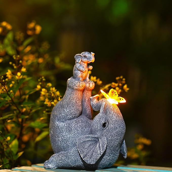 Solar Elephant Statues for Garden Decor - Elephant Handstand Mother&Son Solar Statue with Solar Butterfly,Best Birthday Gifts for Mom,Women