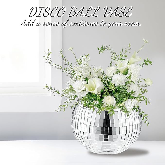 2 Pcs Disco Ball Vase, 5 x 6 Inch Mirrored Disco Ball Planters Perfect for Decorative Living Room, Bedroom, Dining Table, Wedding, Party, Birthday