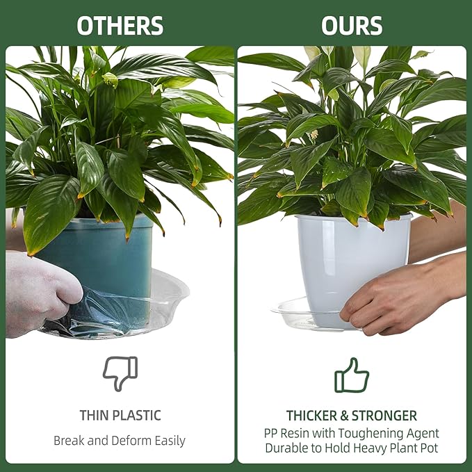 BORPEIN Plant Saucer (8,10,12inch, 18 Pack) Clear Plastic Plant Trays for Pots Indoors Outdoors,Thicker Flower Pot Saucers, Plant Plate to Catch Water