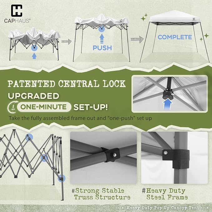 CAPHAUS One-Push Pop Up 8x8 Canopy Tent, Heavy-Duty Commercial Grade with Central Lock, Portable Instant Folding Shelter with10x10 Base, Perfect for Outdoor Beach Canopy, Blue