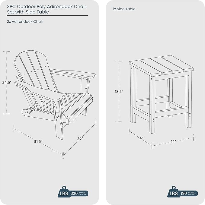 WO Home Furniture Adirondack Chair Table Set of 2 PCS Outdoor Folding Chair w Side Table Weather/UV Resistant for Lawn, Garden, Bon Fire, Balcony (Sand)
