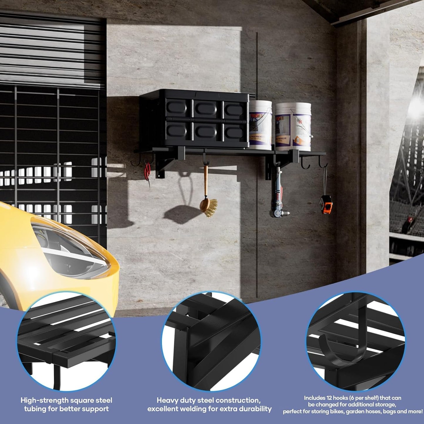 2-Pack Garage Wall Shelving, Heavy Duty Garage Storage Shelving With Hooks, Shelving Wall Mounted Holds 250 lbs Each,Black