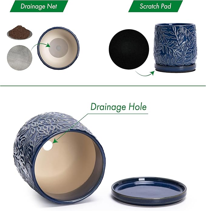 D'vine Dev 6 Inch Embossed Leaves Stoneware Planter Pot with Drainage Hole and Saucer, Midnight Blue, 27-A-X-3