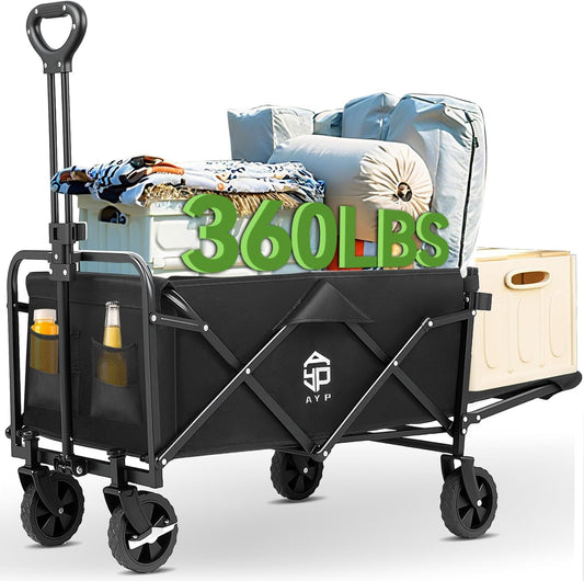 AYP Collapsible Wagon Cart Foldable with Wheels, Beach Wagon with Extended Tailgate & Brake, Heavy Duty Rolling Carts for Garden, Grocery Shopping, Camping, Outdoor Sports, Yard Work, Fishing