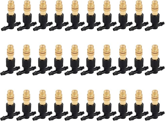 ACBungji 30pcs Brass Misting Nozzles Three-way Connector Drip Irrigation Nozzle 4/7 Inches Adjustable Atomizing Nozzle Cooling Misting System for Outdoor Plant Garden Patio Greenhouse