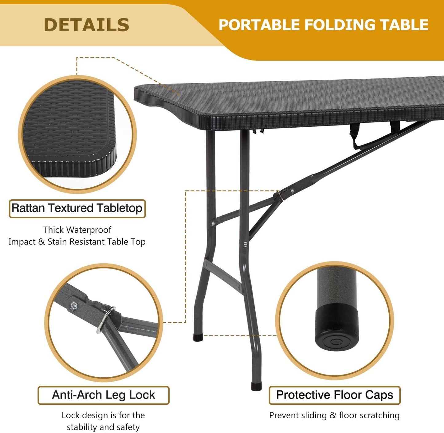6FT Folding Table, Heavy Duty Plastic Table Portable Fold-in-Half Utility Table Indoor Outdoor Picnic Table w/Handle & Lock for Camping BBQ Party Wedding Market Events, Black Ratten