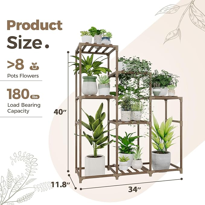 Bamworld Tall Plant Stand Indoor Wood Plant Shelf Outdoor Tiered Plant Rack for Multiple Plants 5 Tiers 7 Pots Ladder Plant Holder Plant Table for Plant Pots Gardening Gifts