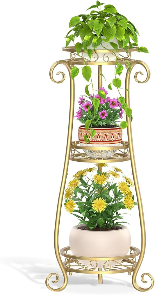 LASZOLA 3 Tier Gold Metal Plant Stand for Multiple Large Planters Indoor Outdoor Organizer, Heavy Duty Tall Flower Stand for Corner Patio Bathroom Office, Modern Sturdy Vertical Iron Rack, Cat Proof