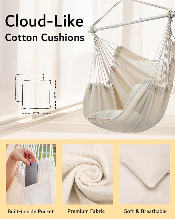 ADVOKAIR Hammock Chair Swing (500 lbs Max-2 Cushions) - Hanging Hammock Chair Rope Swing Indoor for Bedroom, Outdoor, Patio, Bedroom, Porch, Deck - Sturdy Steel Bar with Anti-Slip Safety Rings