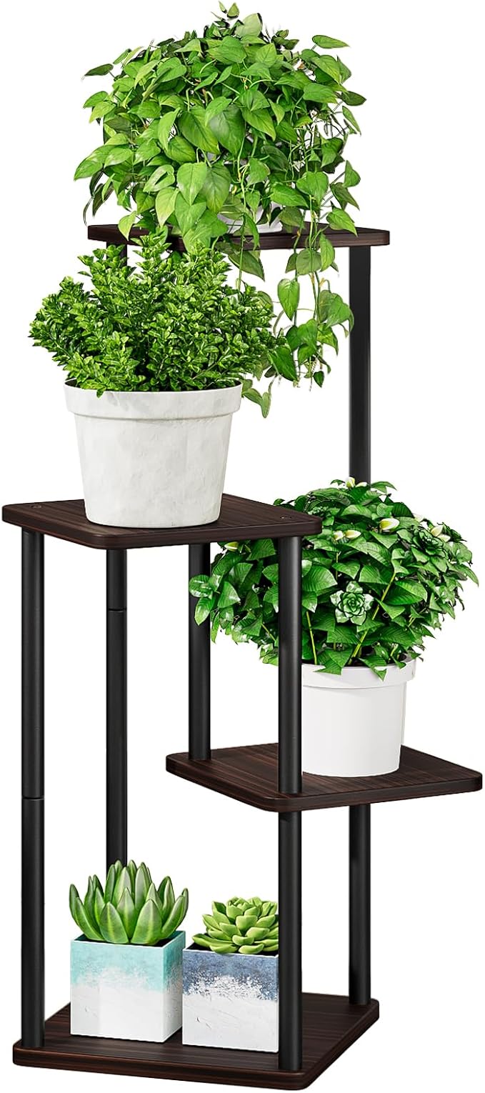 AZERPIAN Plant Stand 4 Tier Indoor Metal Flower Shelf for Multiple Plants Corner Tall Flower Holders for Patio Garden Living Room Balcony Bedroom, Black oak